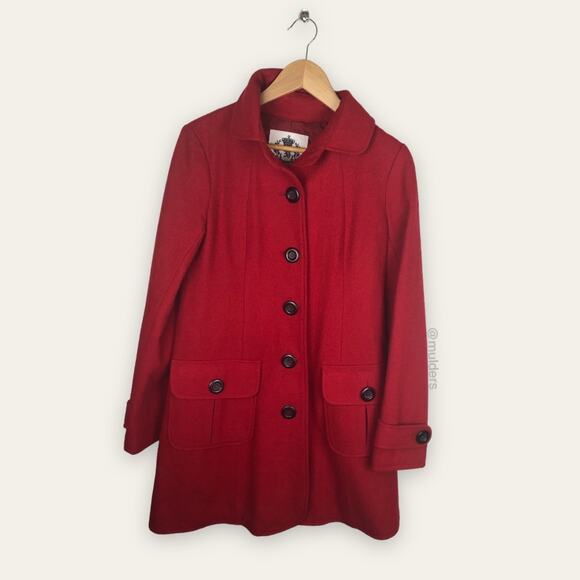 BB DAKOTA Red Long Pea Coat Peacoat Button Up Collared Wool Blend Jacket - Picture 1 of 7